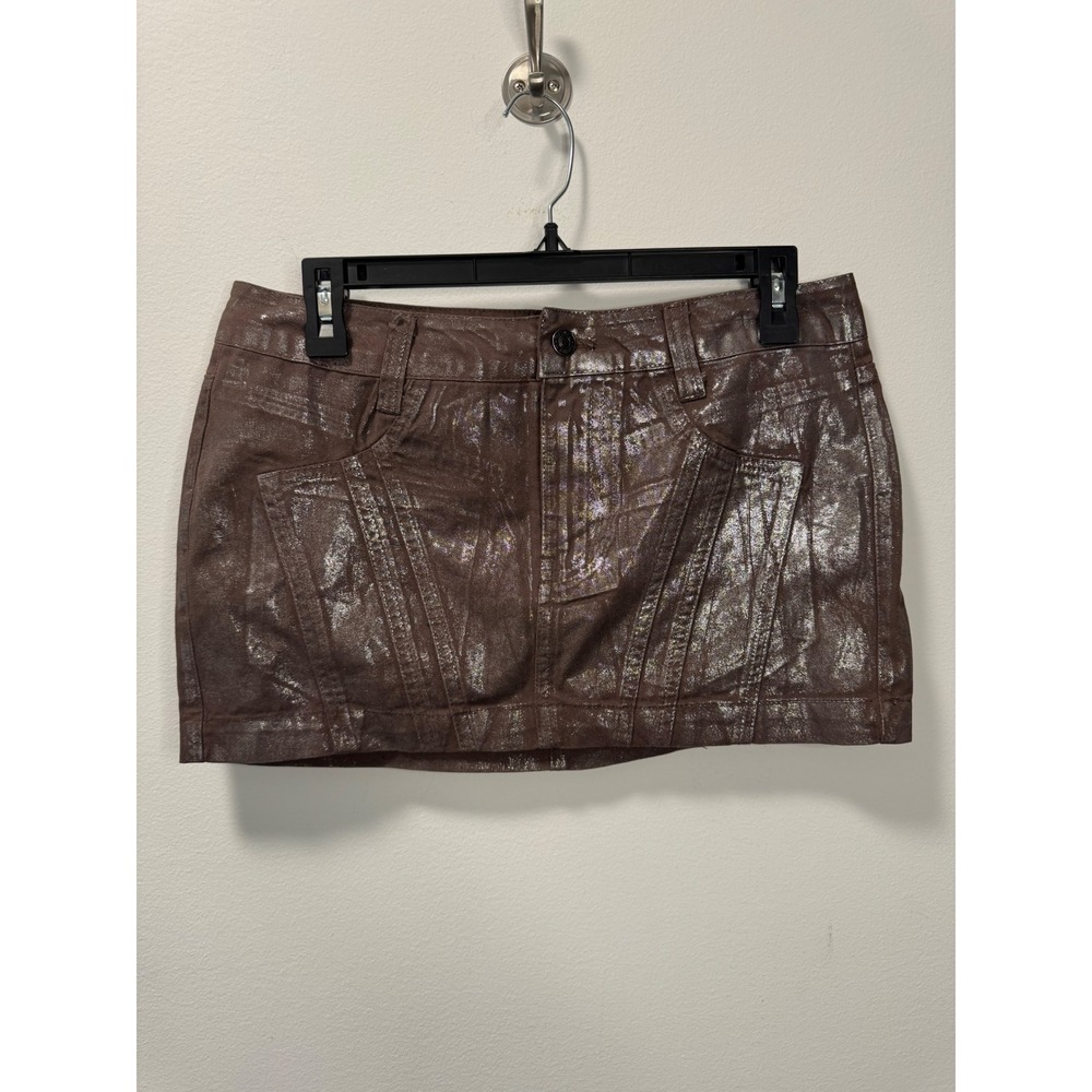 Forever 21 Metallic Brown Denim Micro Mini Skirt Silver Foil Shimmer Y2K Style M